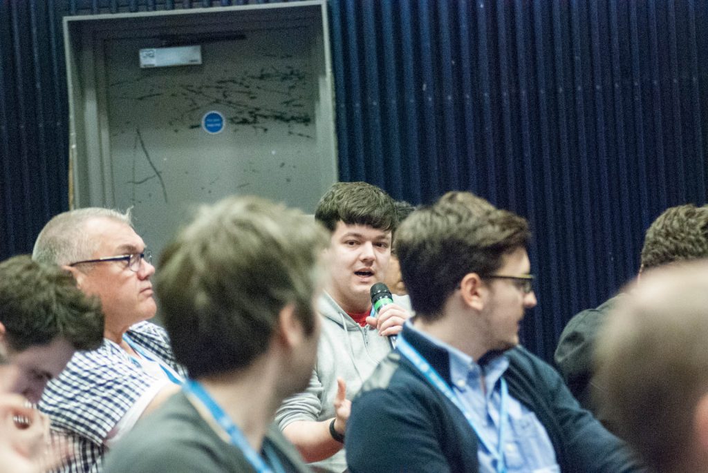 Angry Creative WordPress Developer Michael Rochester answering questions at WordCamp London 2016. Photo credit: Mark Smallman