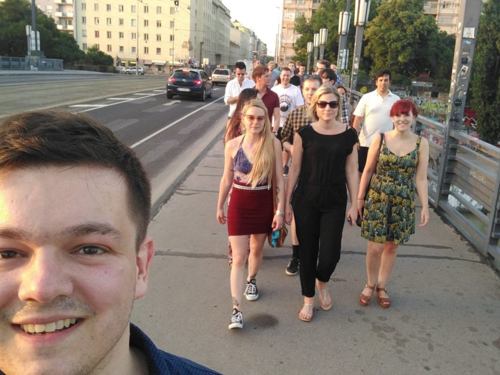 The team on a walk around Wien before the team meal.