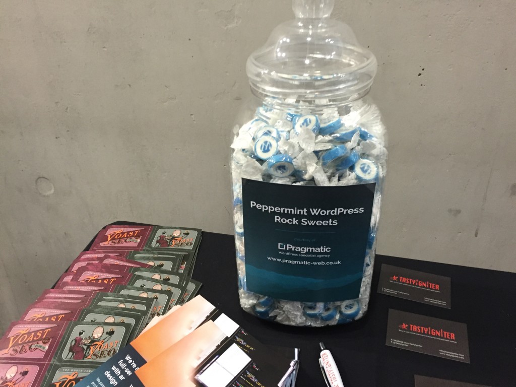 Our rock sweets on the sponsorship swag table at WordCamp London 2016