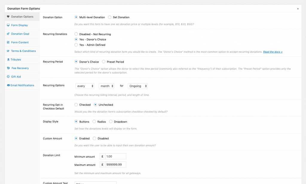 Donation Form Options Screenshot